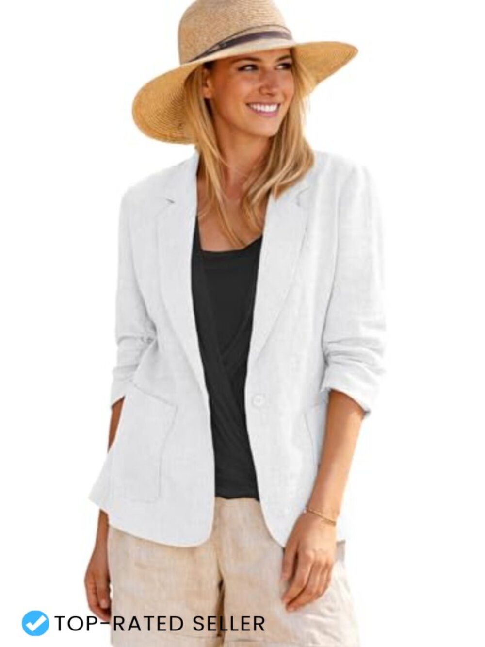 Linen Blend Blazer Jacket Lightweight 3/4 Sleeve Ruched Sleeve Business Casual